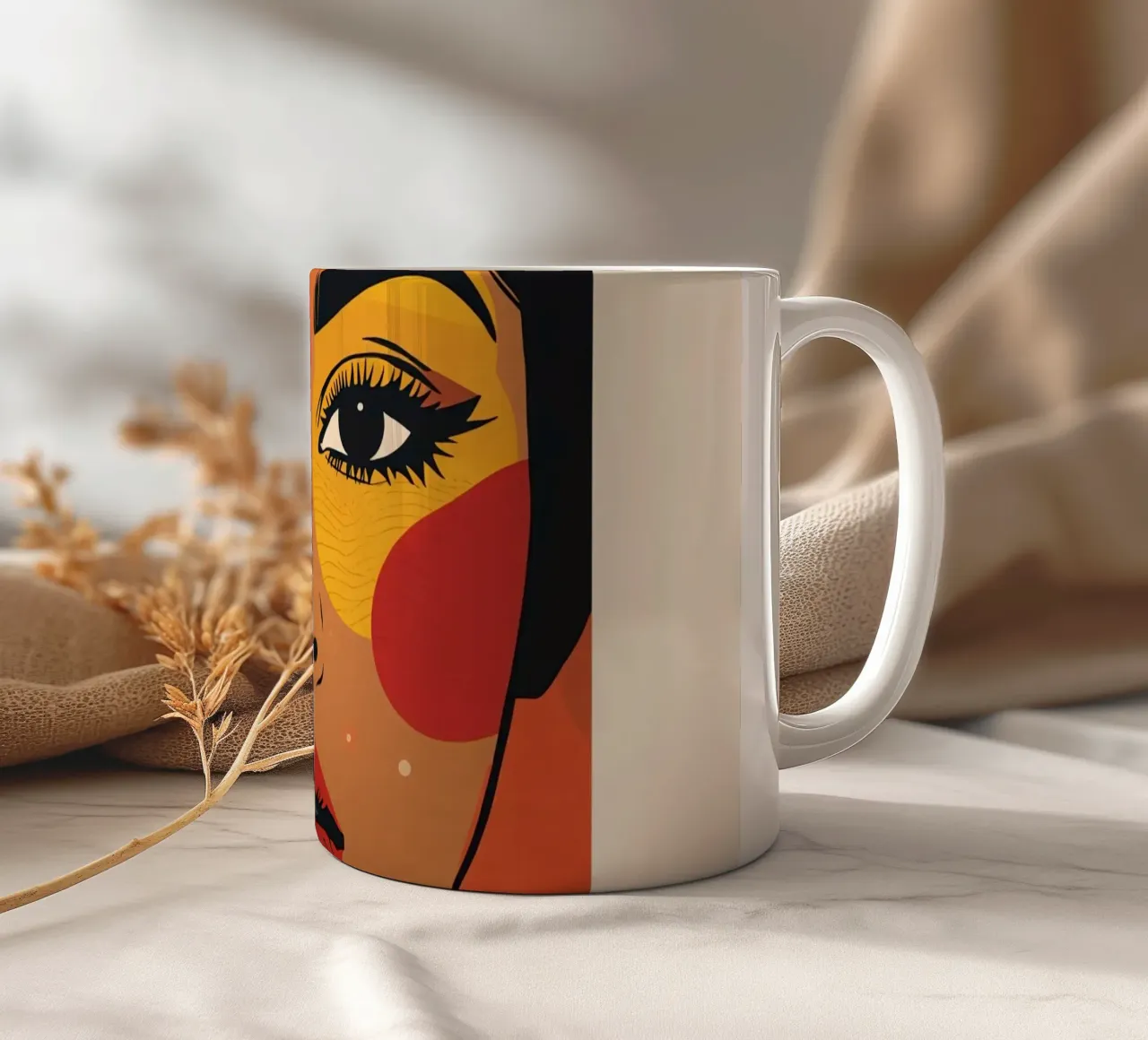 Ritratto di donna con illustrazione di forme geometriche colorate tazza in ceramica da DesignDoodle