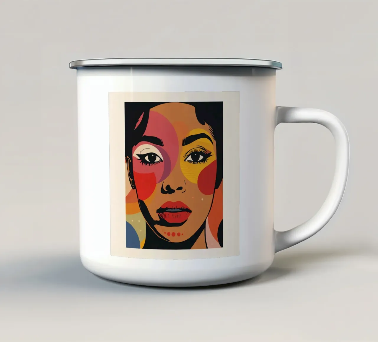 Ritratto di donna con illustrazione di forme geometriche colorate tazza in smalto da DesignDoodle
