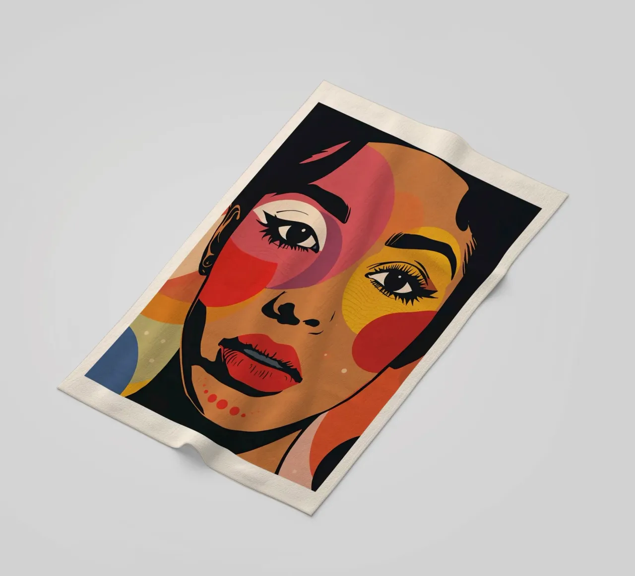 Ritratto di donna con illustrazione di forme geometriche colorate telo mare da DesignDoodle