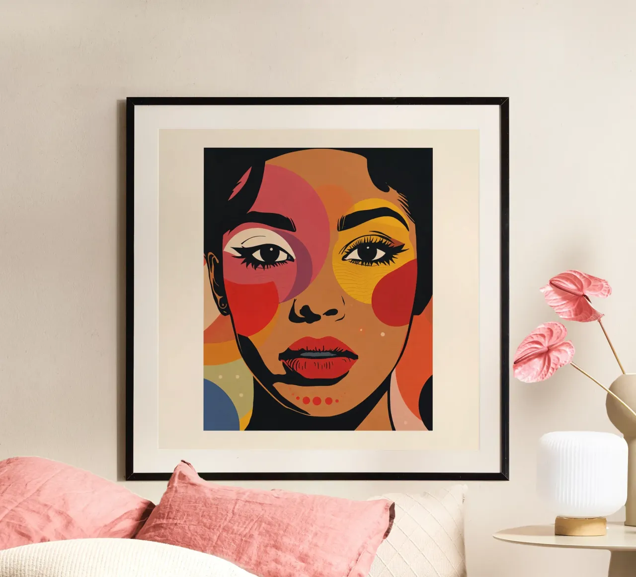 Ritratto di donna con illustrazione di forme geometriche colorate poster con telaio in alluminio da DesignDoodle