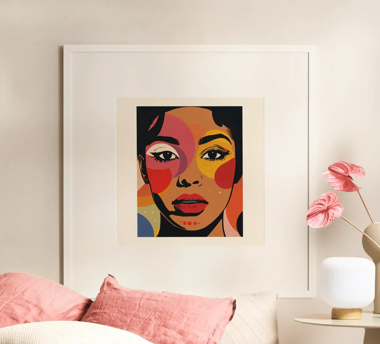 Ritratto di donna con illustrazione di forme geometriche colorate poster con telaio in alluminio da DesignDoodle