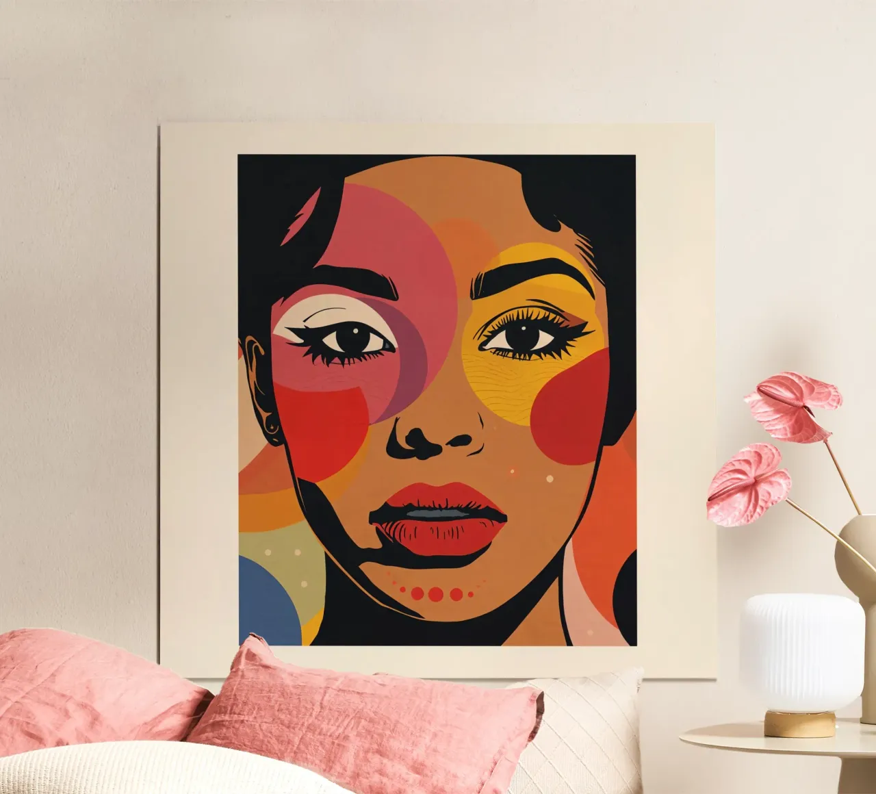 Ritratto di donna con illustrazione di forme geometriche colorate poster con telaio in alluminio da DesignDoodle