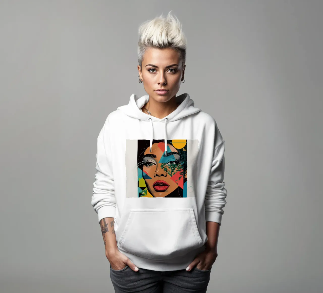 Ritratto di donna con sovrapposizioni geometriche e botaniche felpa con cappuccio da DesignDoodle