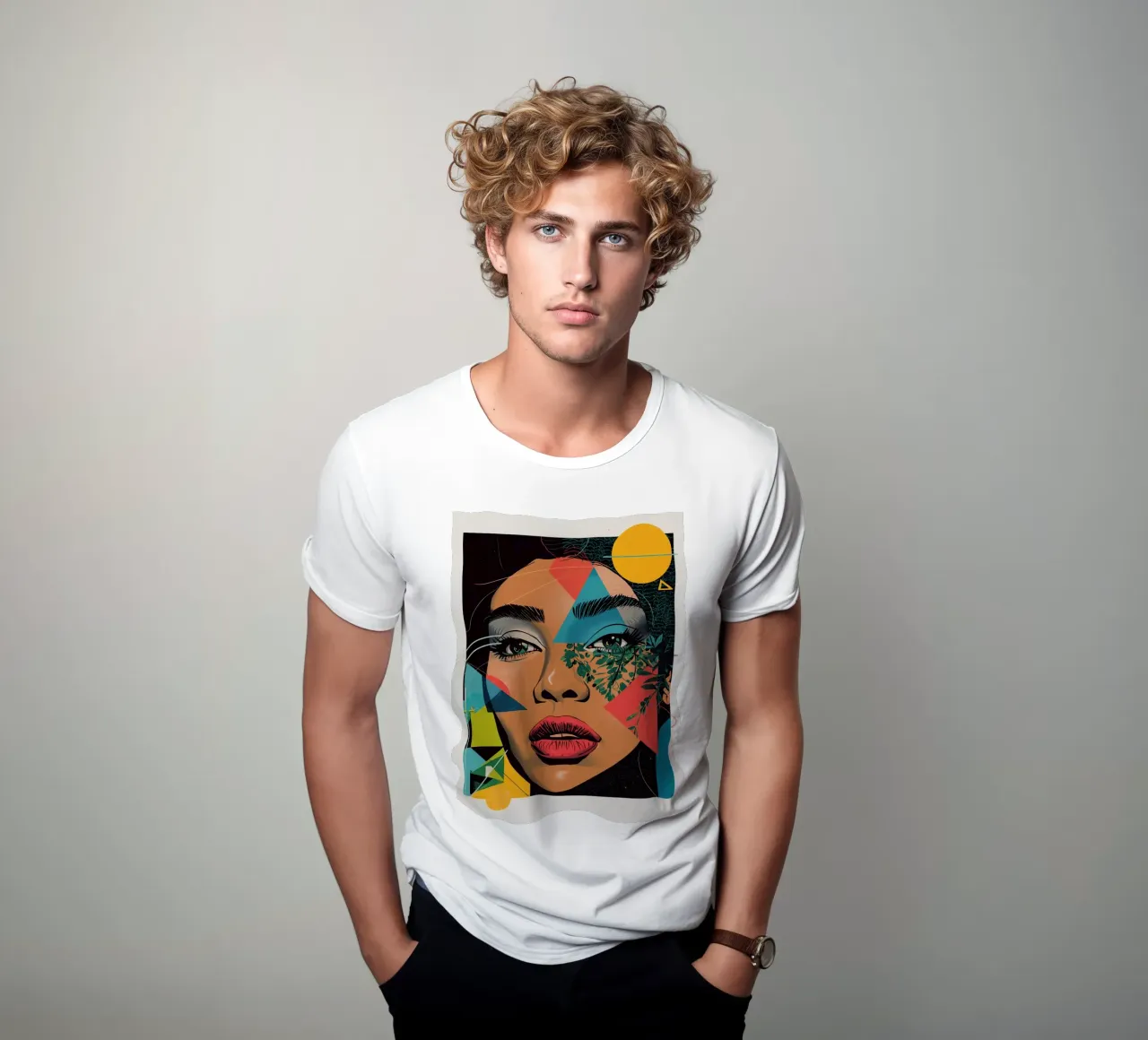Ritratto di donna con sovrapposizioni geometriche e botaniche t-shirt da DesignDoodle