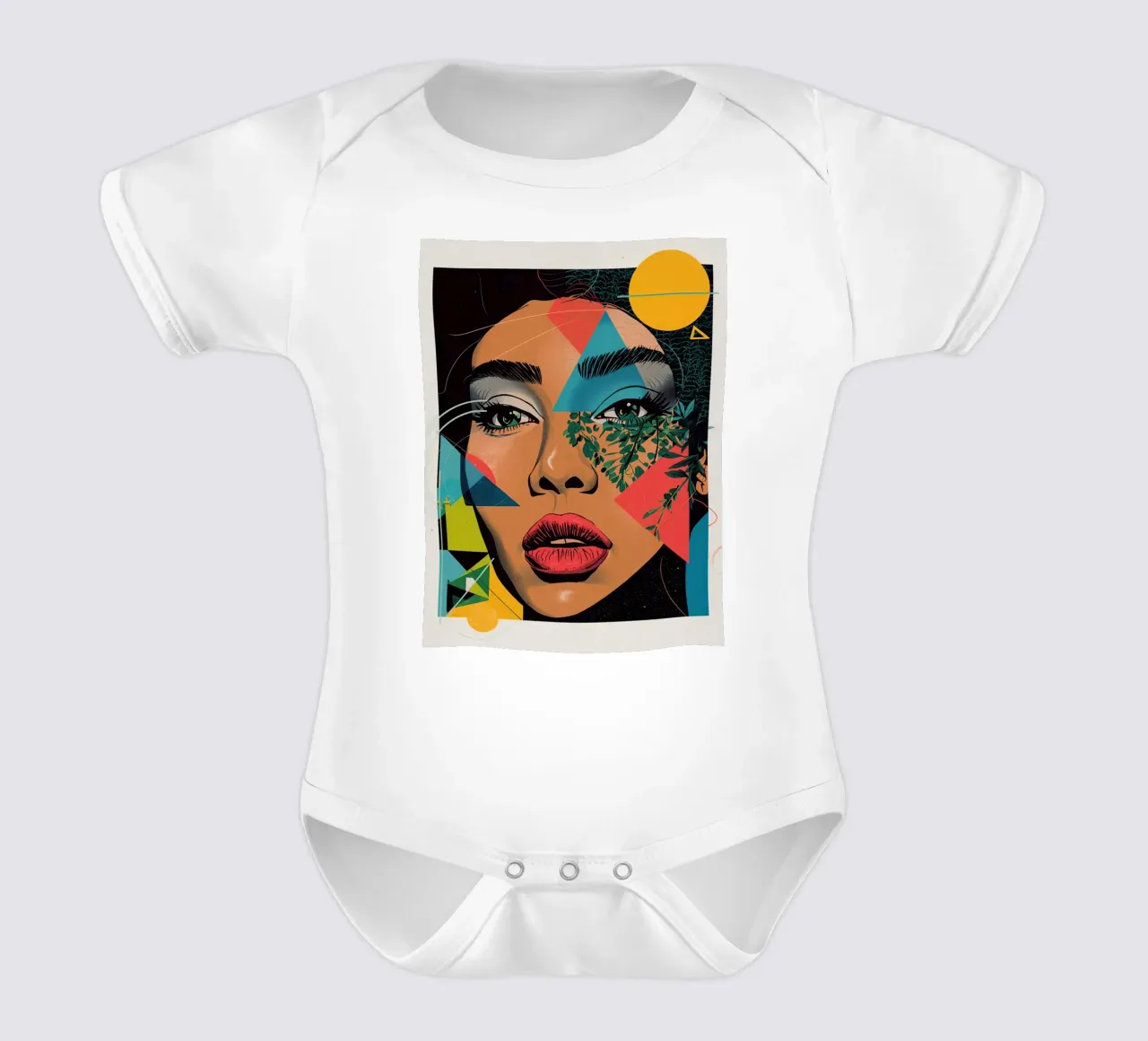 Ritratto di donna con sovrapposizioni geometriche e botaniche body neonato maniche corte da DesignDoodle