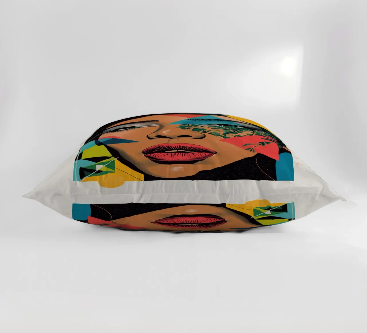 Ritratto di donna con sovrapposizioni geometriche e botaniche cuscino da DesignDoodle