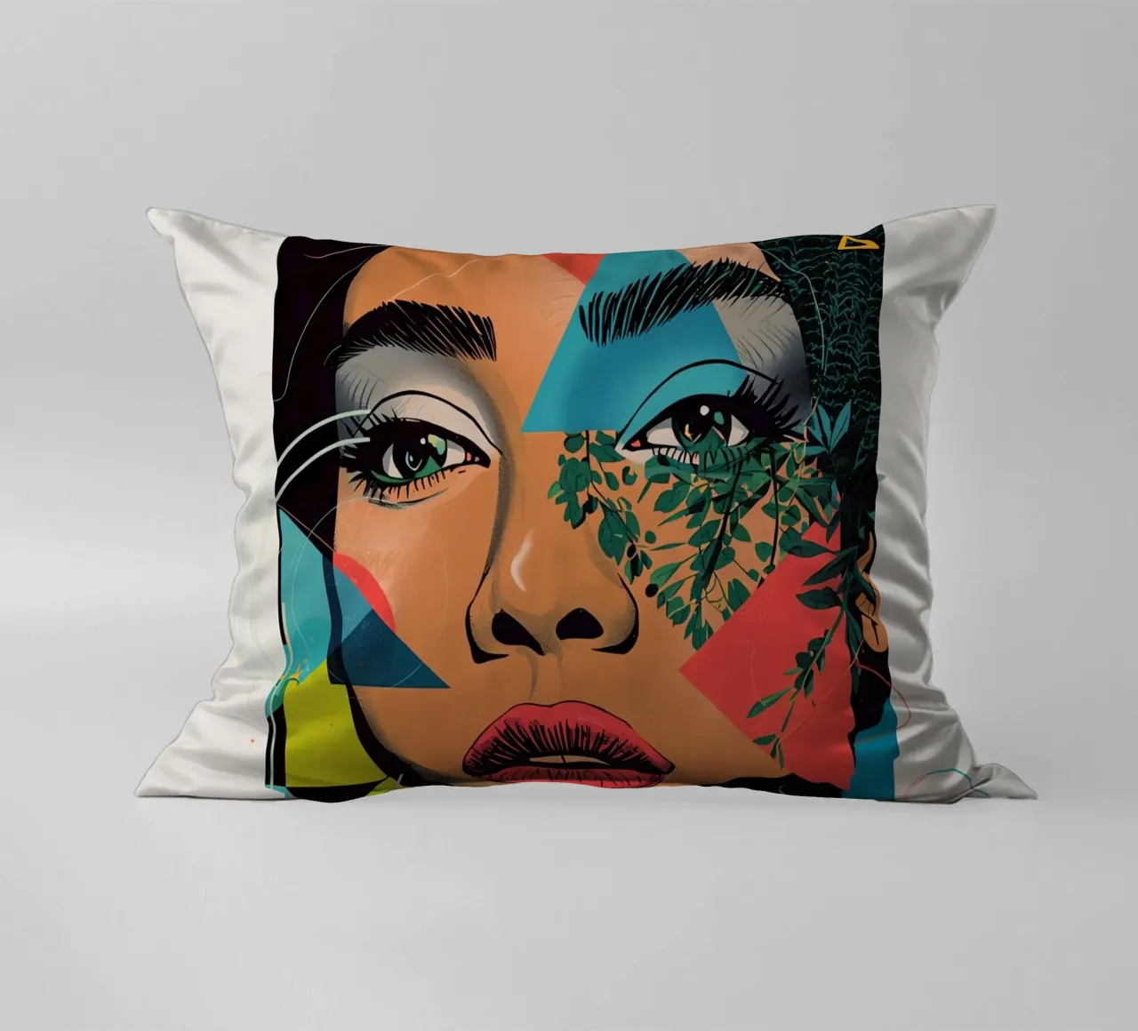 Ritratto di donna con sovrapposizioni geometriche e botaniche cuscino da DesignDoodle