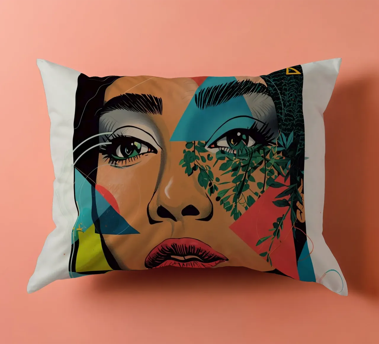 Ritratto di donna con sovrapposizioni geometriche e botaniche cuscino da DesignDoodle