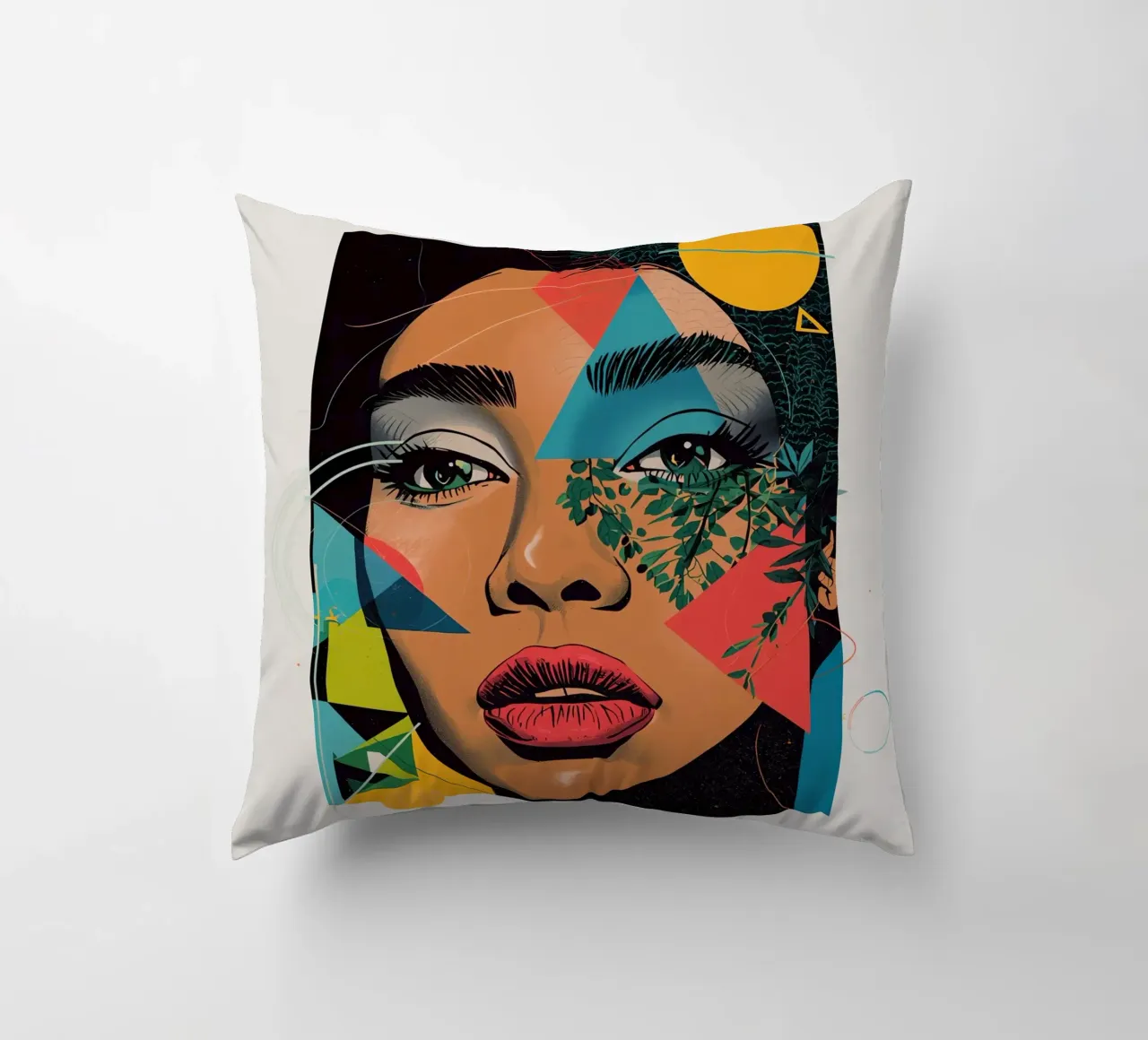 Ritratto di donna con sovrapposizioni geometriche e botaniche cuscino da DesignDoodle