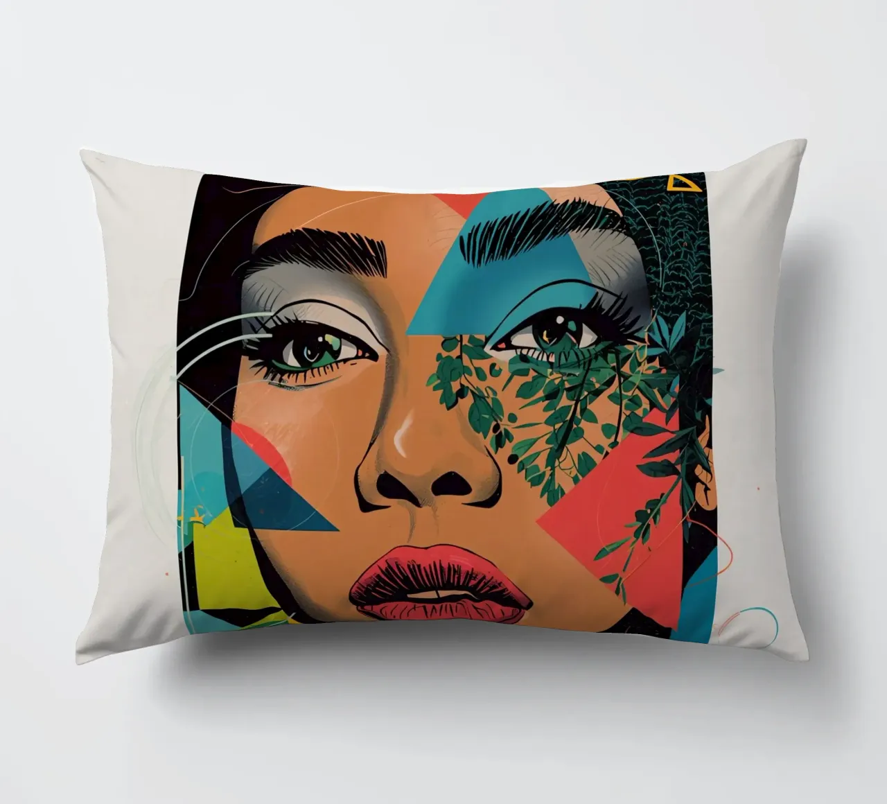 Ritratto di donna con sovrapposizioni geometriche e botaniche cuscino da DesignDoodle