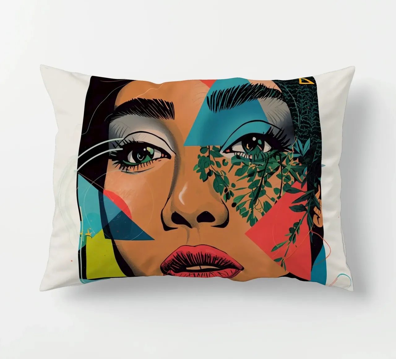 Ritratto di donna con sovrapposizioni geometriche e botaniche cuscino da DesignDoodle