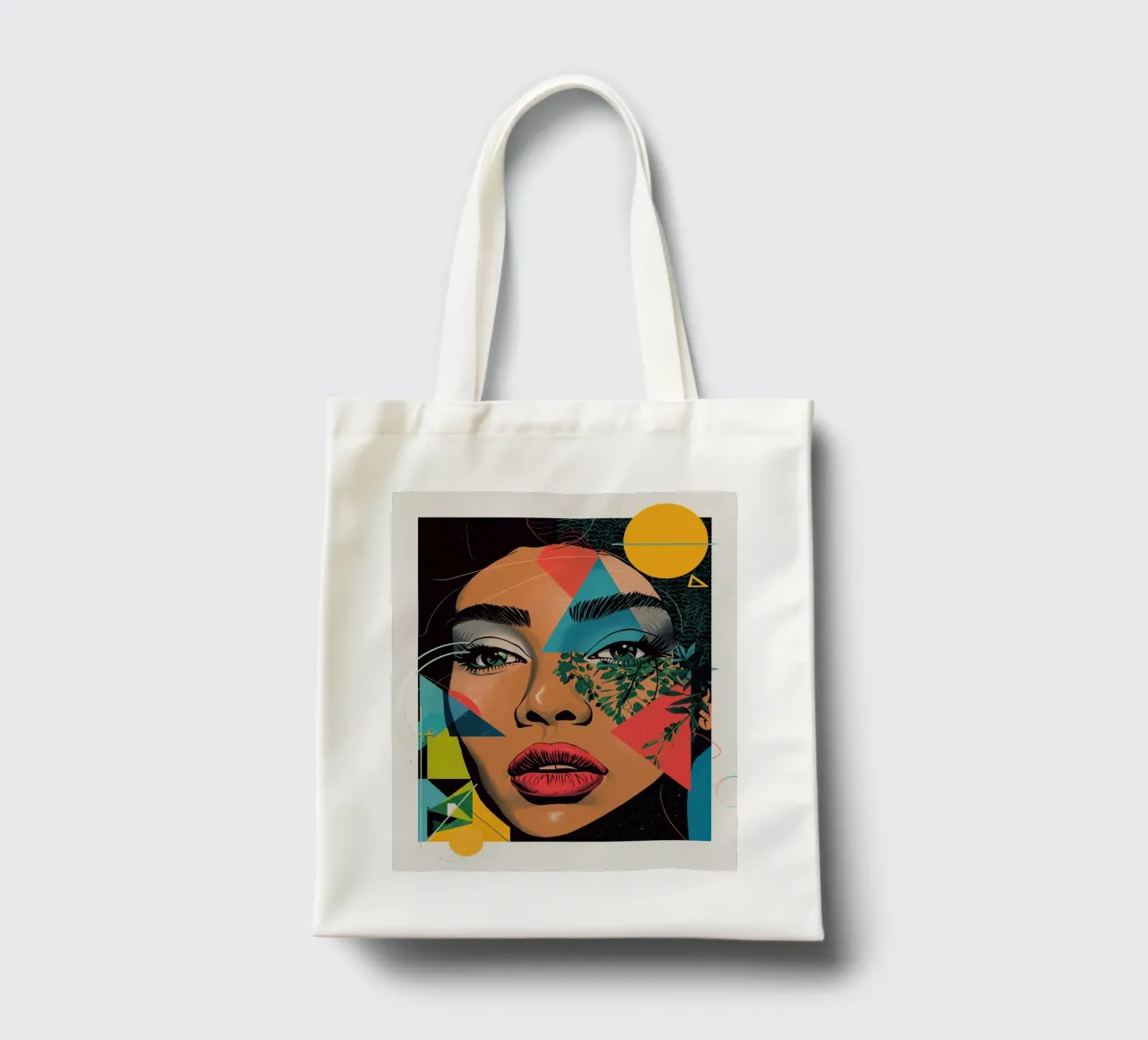 Ritratto di donna con sovrapposizioni geometriche e botaniche borsa in juta da DesignDoodle