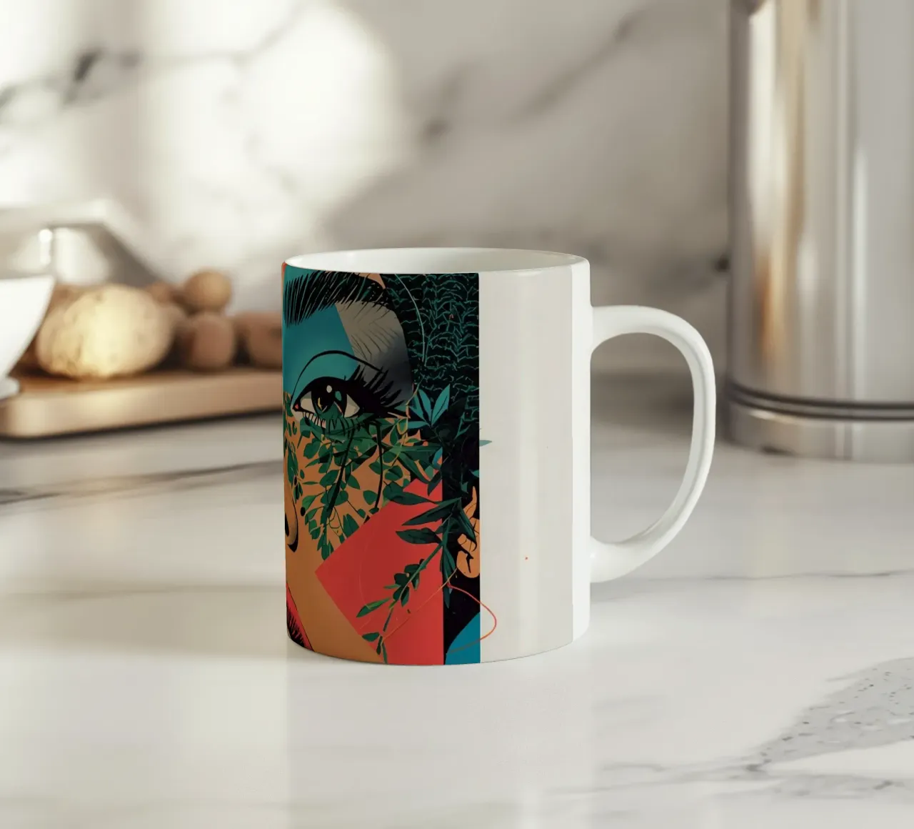 Ritratto di donna con sovrapposizioni geometriche e botaniche tazza in ceramica da DesignDoodle