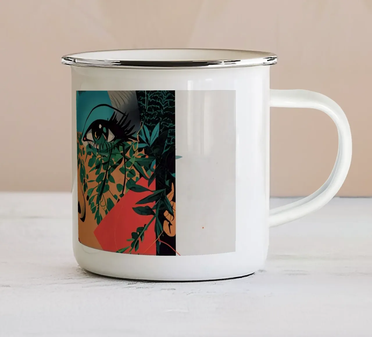 Ritratto di donna con sovrapposizioni geometriche e botaniche tazza in smalto da DesignDoodle