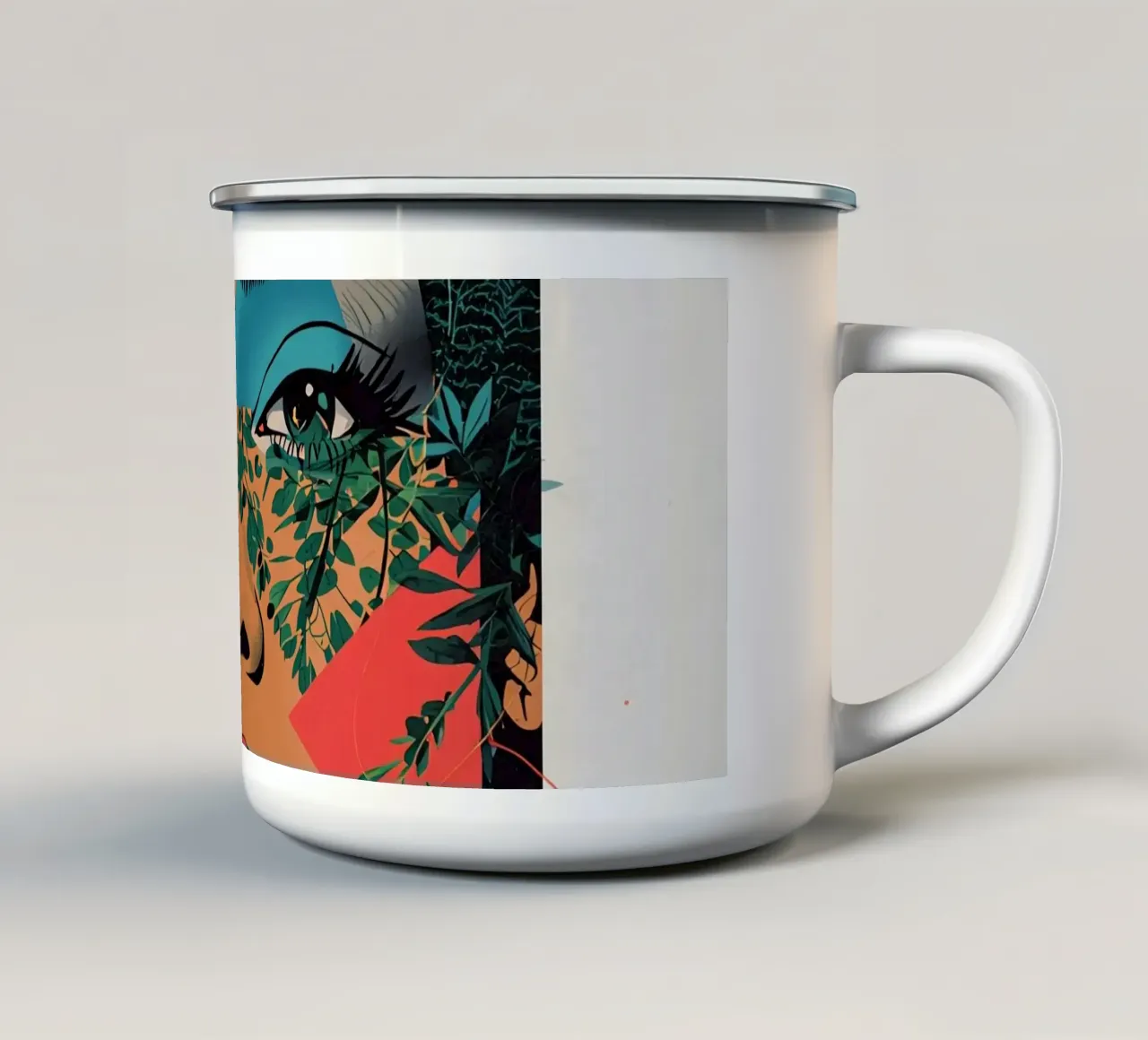 Ritratto di donna con sovrapposizioni geometriche e botaniche tazza in smalto da DesignDoodle