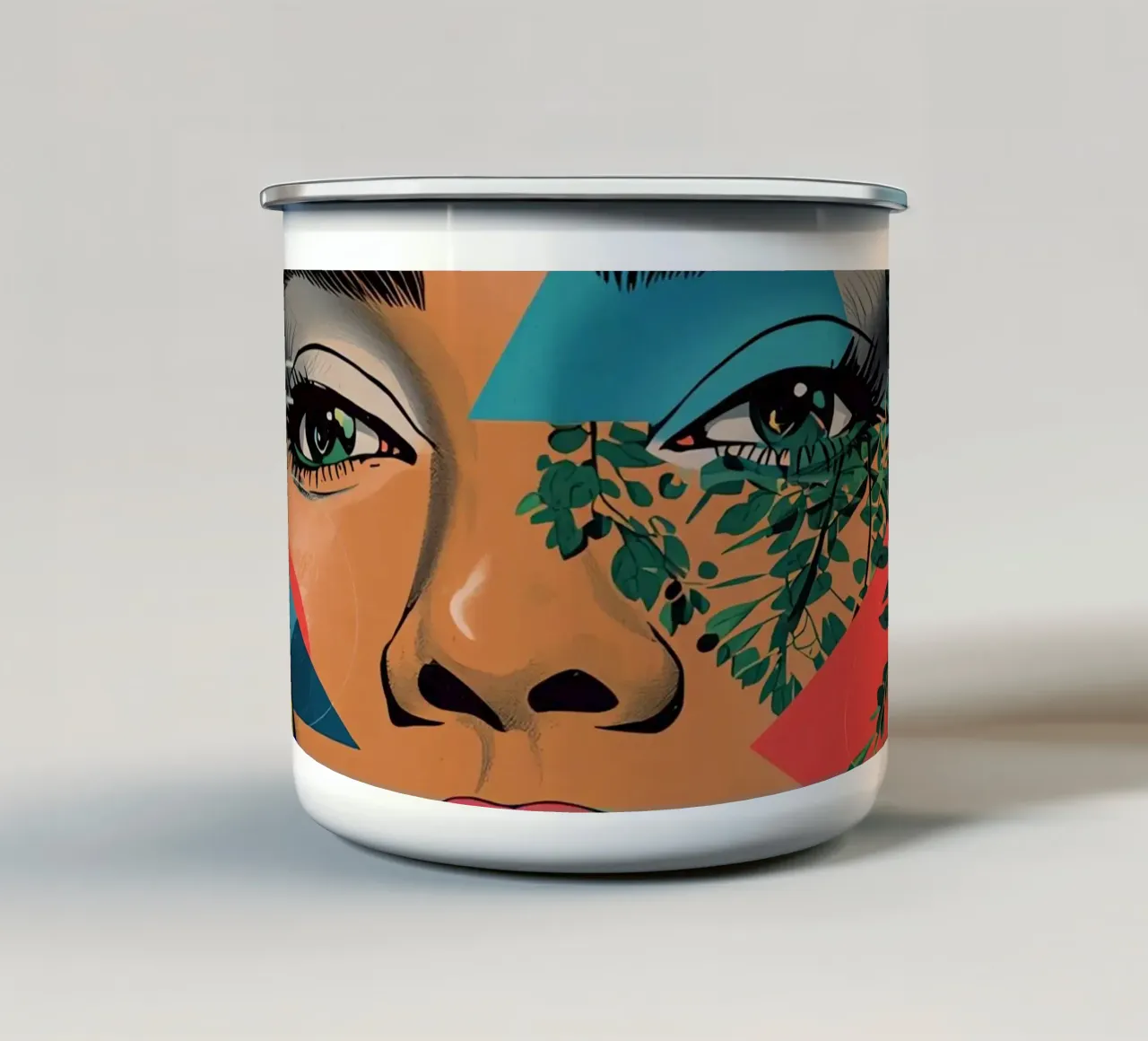 Ritratto di donna con sovrapposizioni geometriche e botaniche tazza in smalto da DesignDoodle
