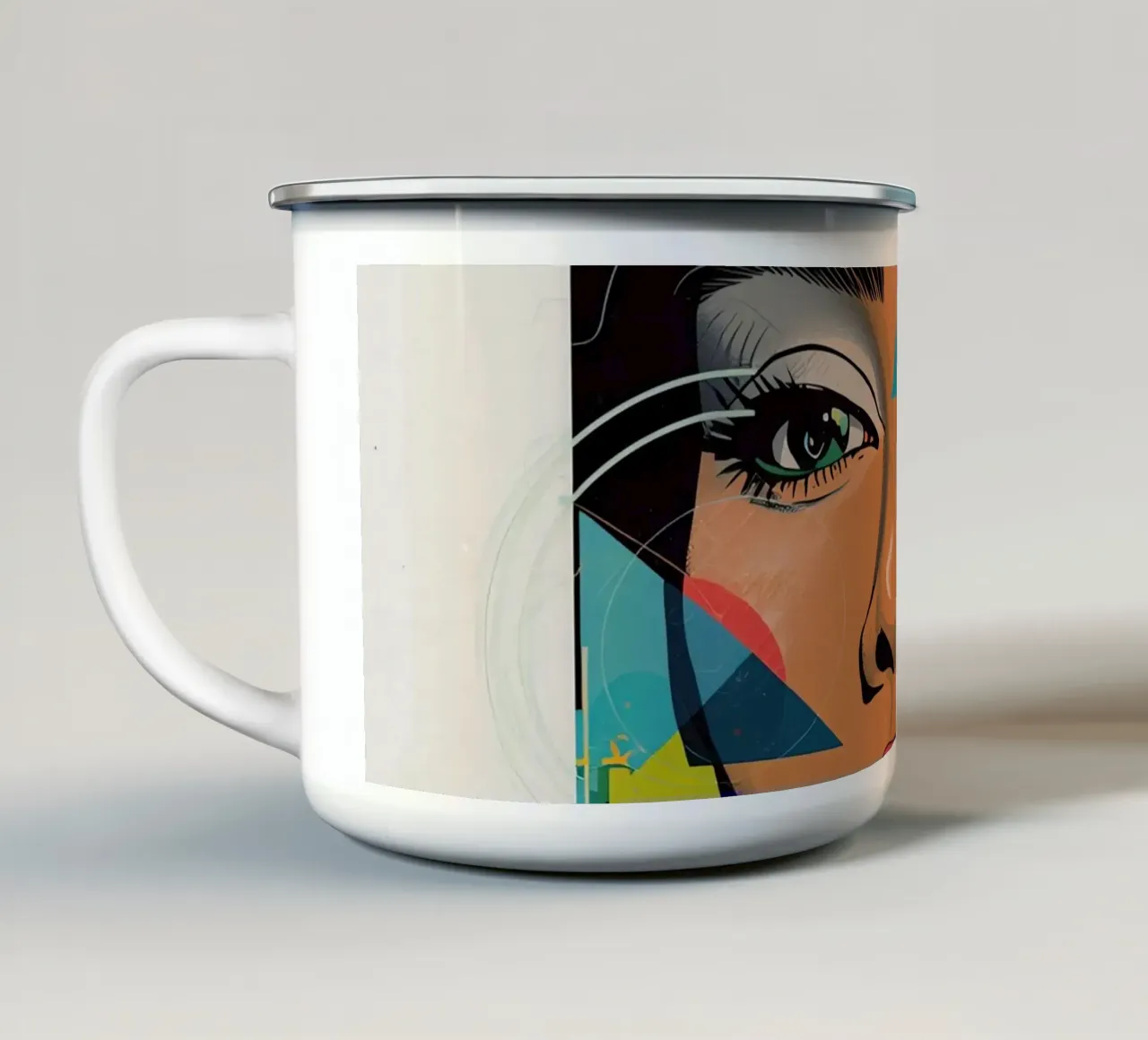 Ritratto di donna con sovrapposizioni geometriche e botaniche tazza in smalto da DesignDoodle