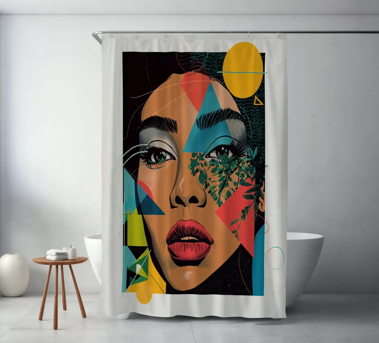Ritratto di donna con sovrapposizioni geometriche e botaniche tenda da doccia da DesignDoodle
