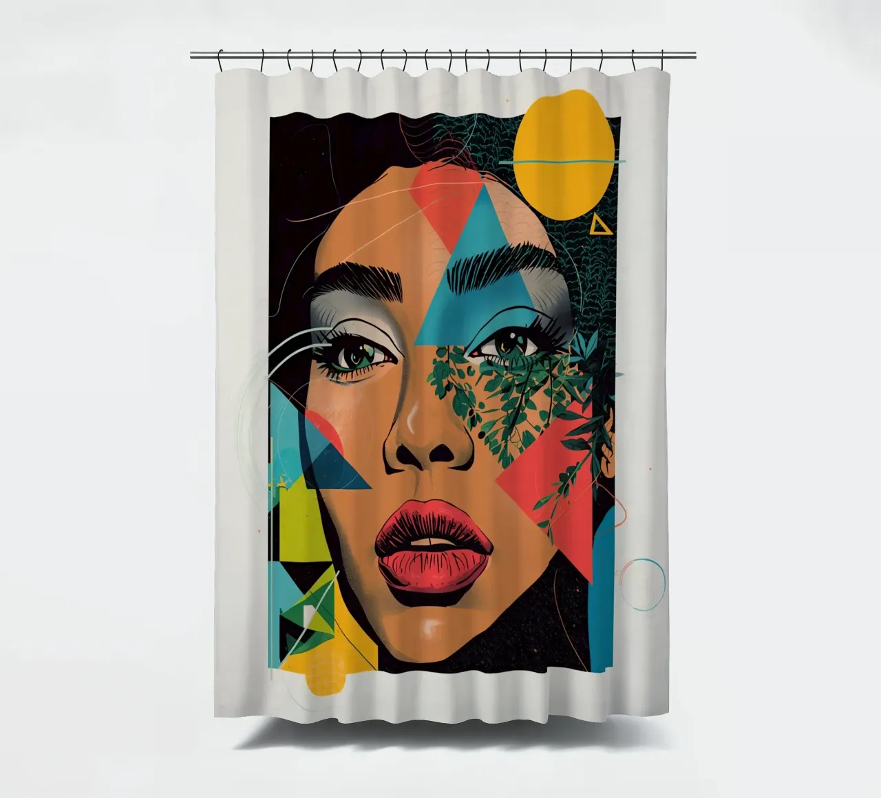 Ritratto di donna con sovrapposizioni geometriche e botaniche tenda da doccia da DesignDoodle