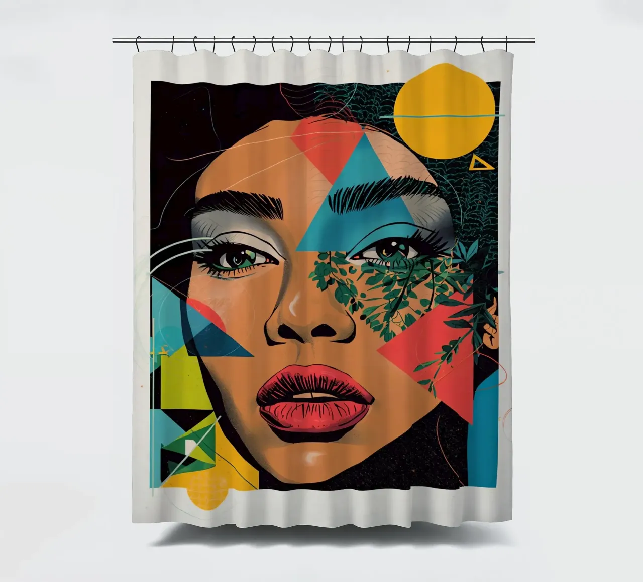 Ritratto di donna con sovrapposizioni geometriche e botaniche tenda da doccia da DesignDoodle
