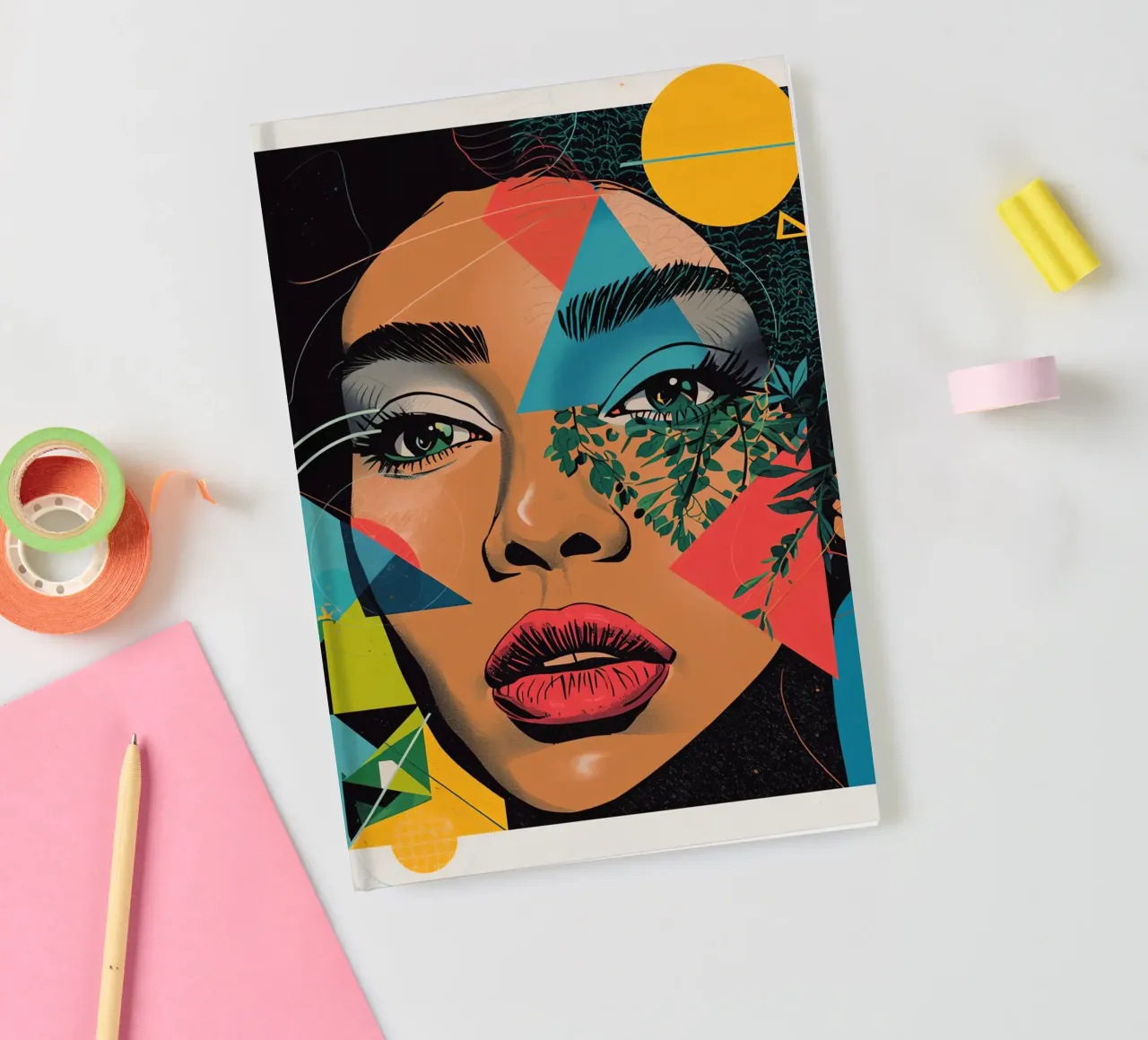 Woman's Portrait with Geometric and Botanical Overlays notebook by DesignDoodle