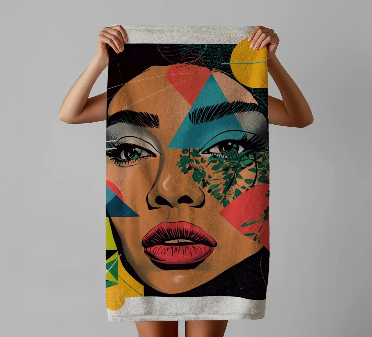 Ritratto di donna con sovrapposizioni geometriche e botaniche asciugamano da bagno da DesignDoodle