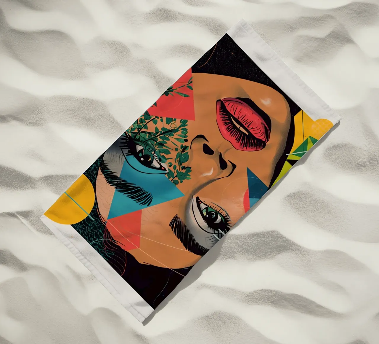 Ritratto di donna con sovrapposizioni geometriche e botaniche telo mare da DesignDoodle