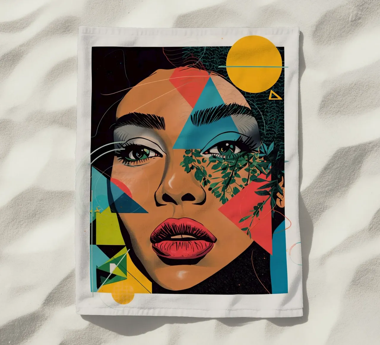Ritratto di donna con sovrapposizioni geometriche e botaniche telo mare da DesignDoodle