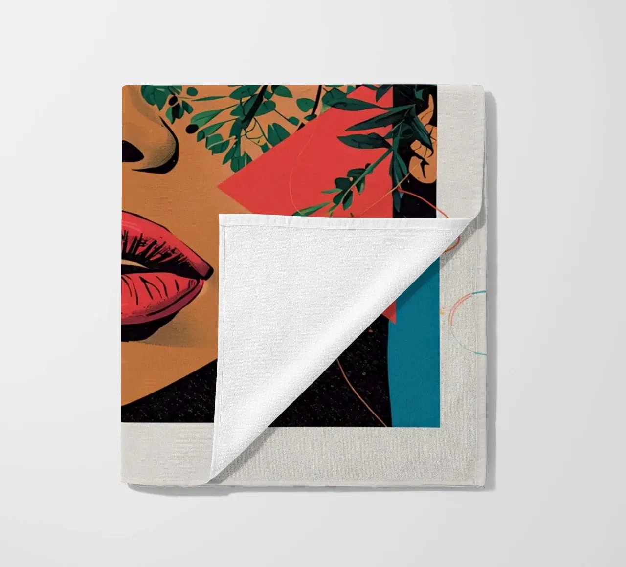 Ritratto di donna con sovrapposizioni geometriche e botaniche telo mare da DesignDoodle