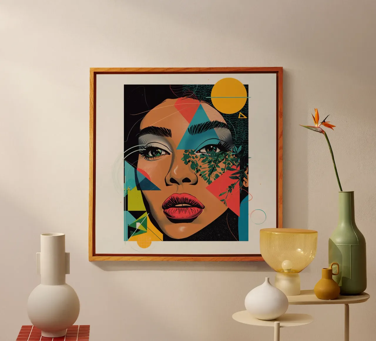 Ritratto di donna con sovrapposizioni geometriche e botaniche plexiglass da DesignDoodle