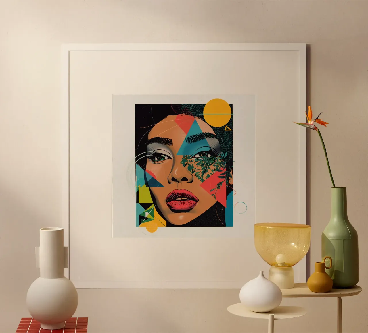 Ritratto di donna con sovrapposizioni geometriche e botaniche poster da DesignDoodle