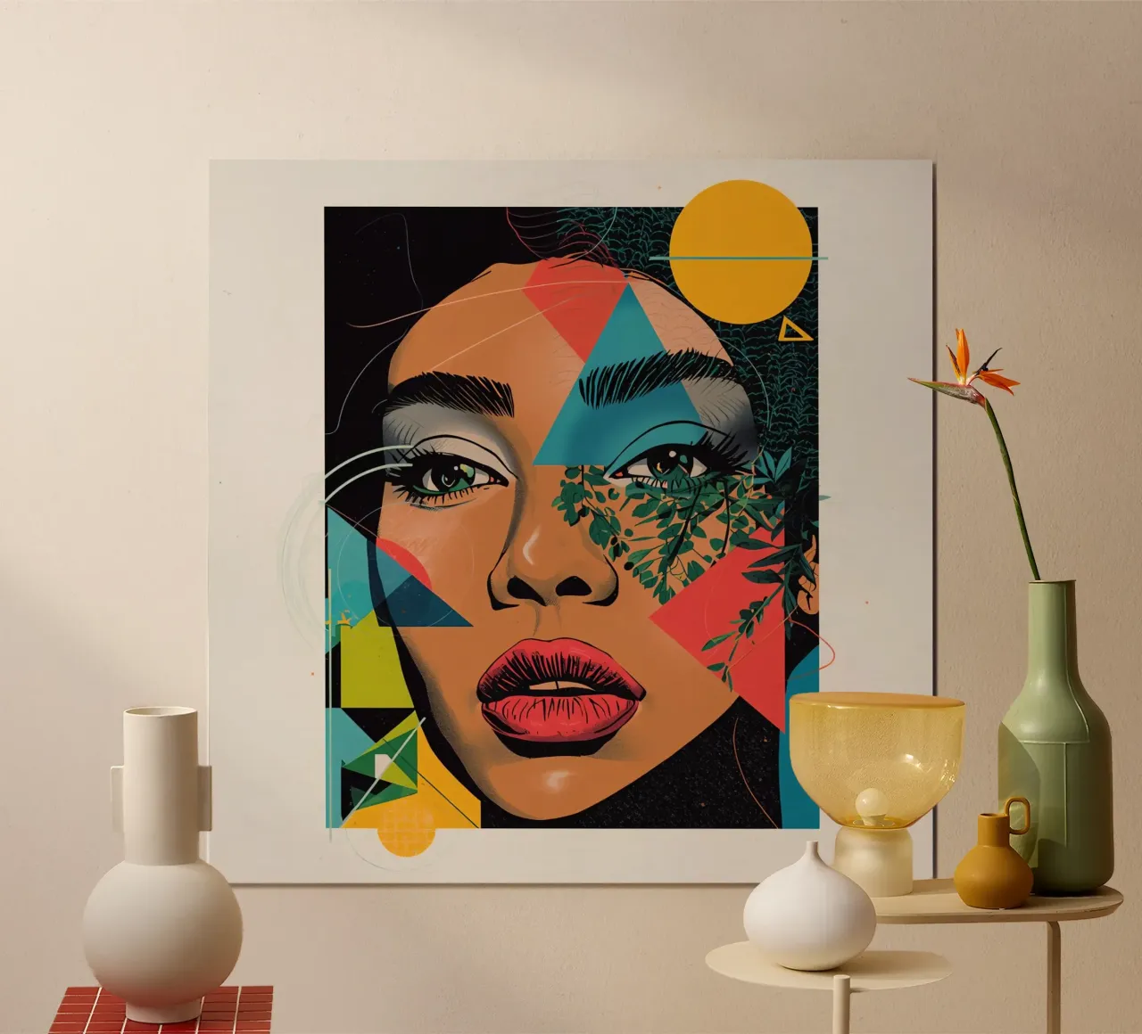 Ritratto di donna con sovrapposizioni geometriche e botaniche poster da DesignDoodle