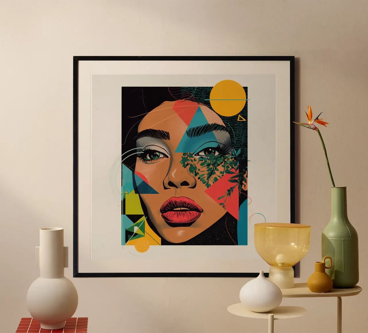 Ritratto di donna con sovrapposizioni geometriche e botaniche poster da DesignDoodle