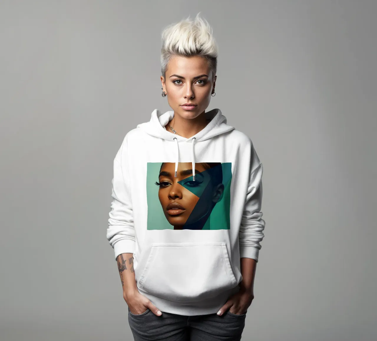 Ritratto di donna con sovrapposizioni geometriche di colori felpa con cappuccio da DesignDoodle
