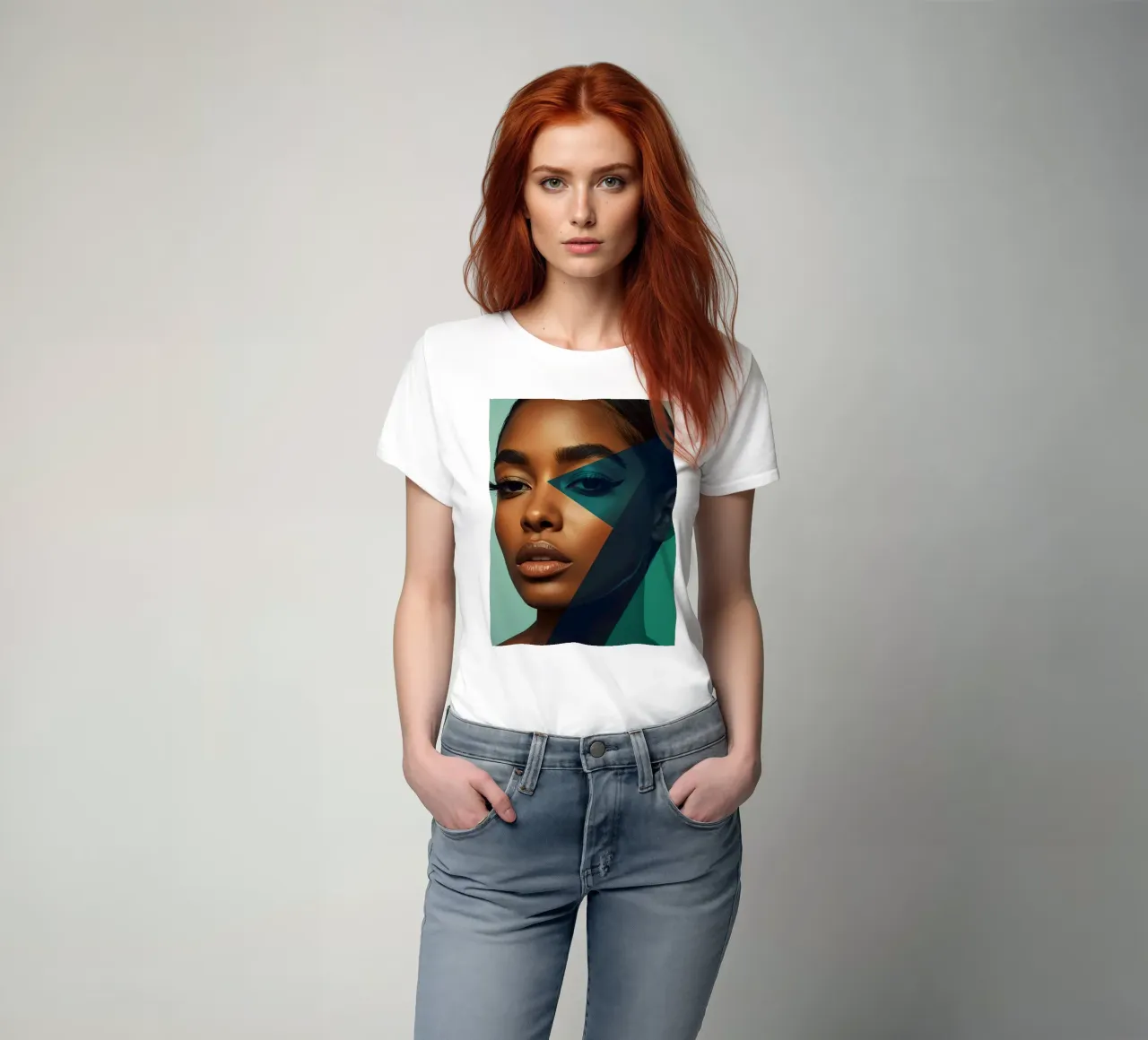 Ritratto di donna con sovrapposizioni geometriche di colori t-shirt da DesignDoodle
