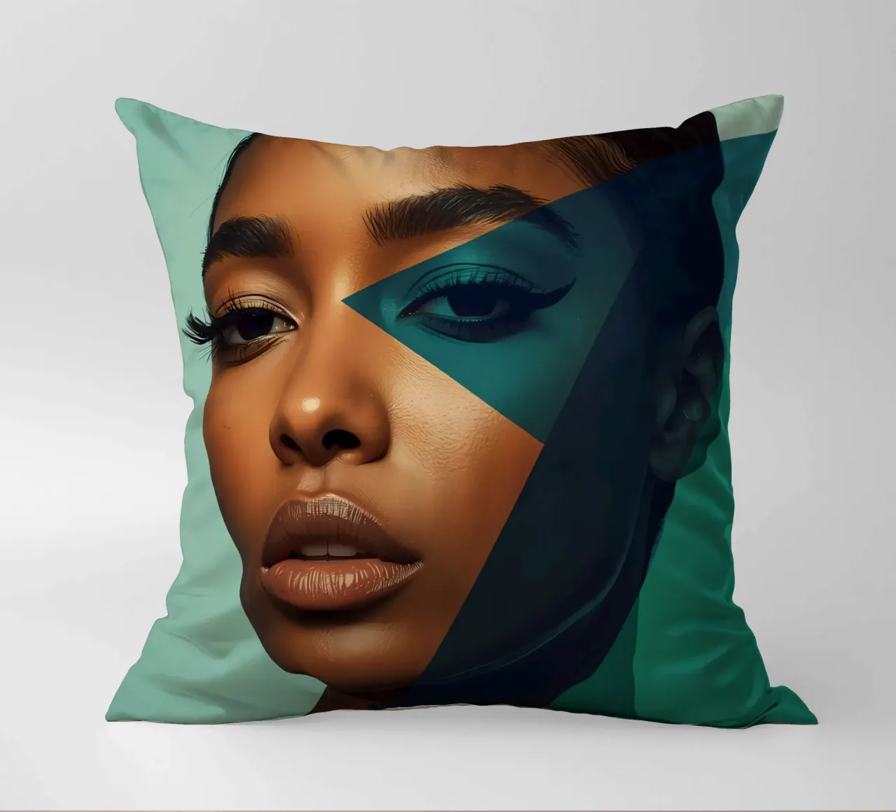 Ritratto di donna con sovrapposizioni geometriche di colori cuscino da DesignDoodle