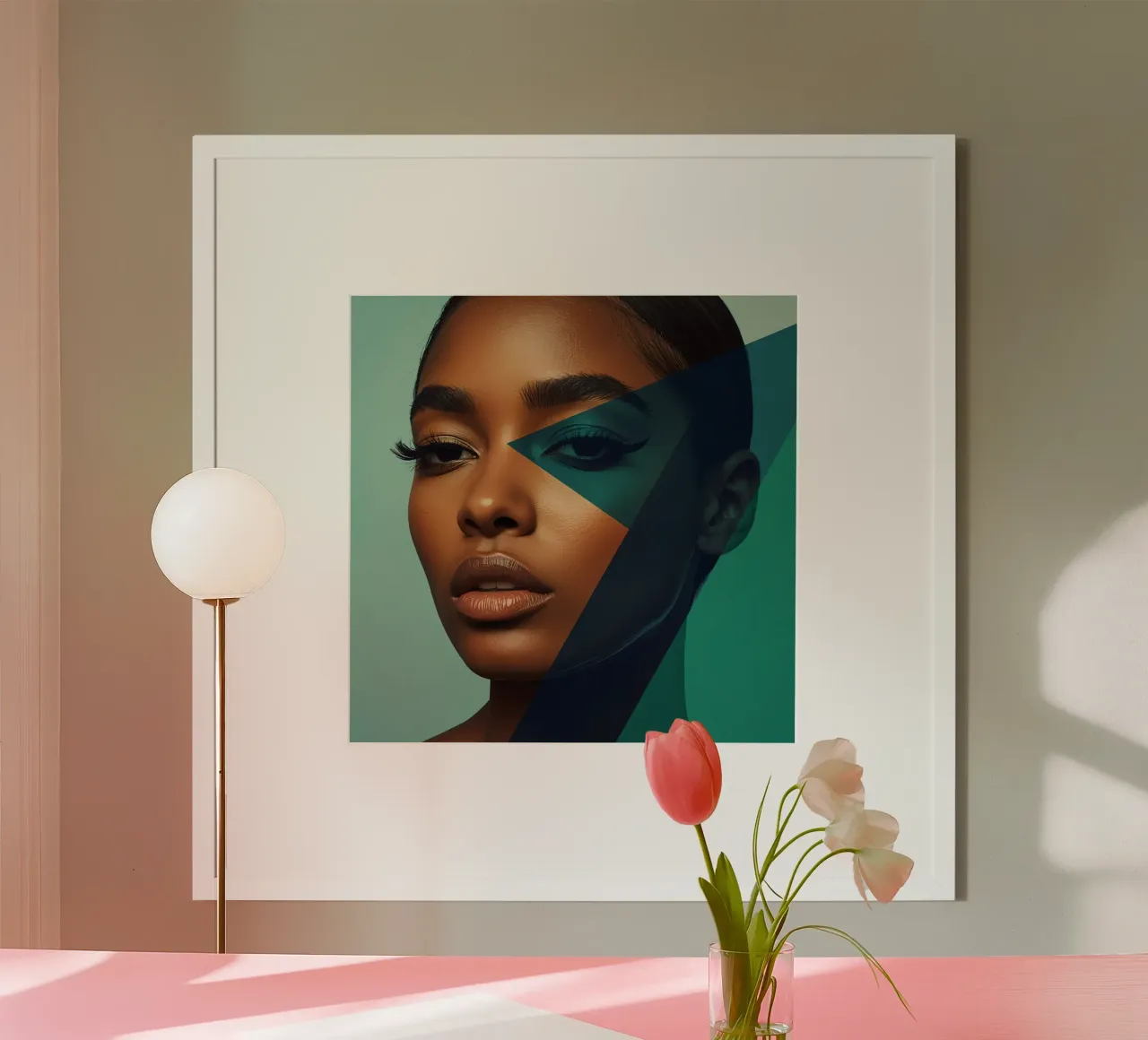 Ritratto di donna con sovrapposizioni geometriche di colori poster con telaio in legno da DesignDoodle