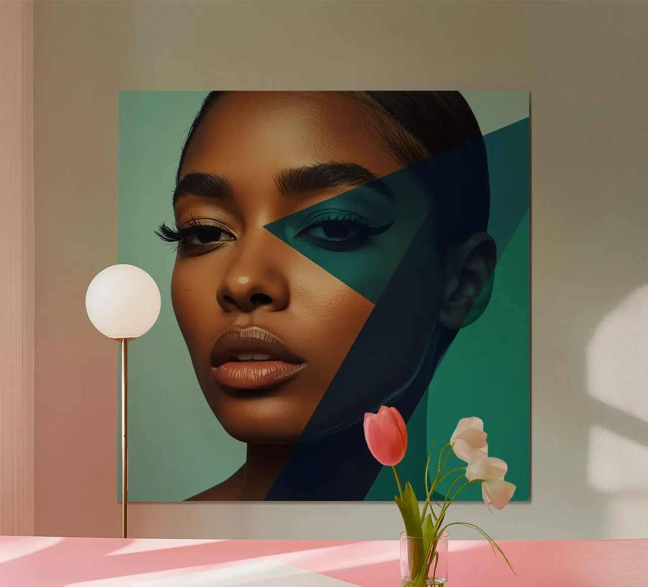 Ritratto di donna con sovrapposizioni geometriche di colori poster con telaio in legno da DesignDoodle