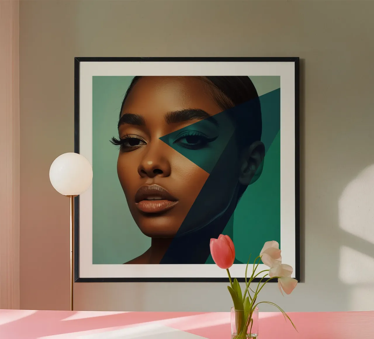 Ritratto di donna con sovrapposizioni geometriche di colori poster con telaio in legno da DesignDoodle