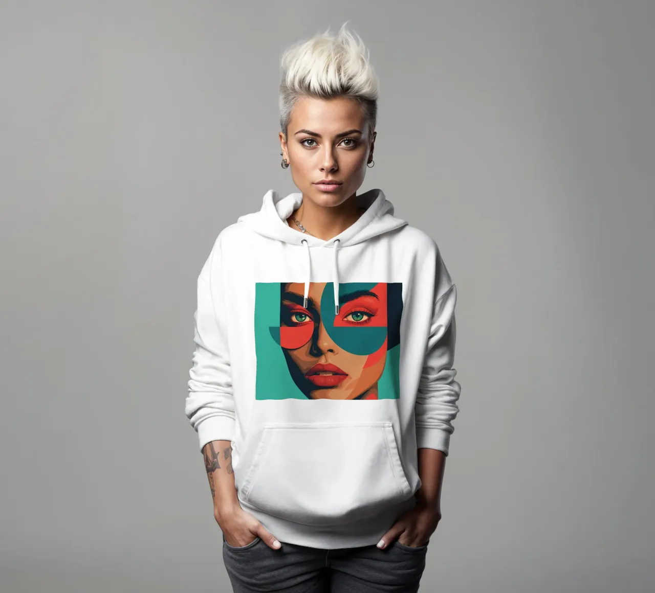 Ritratto di donna con forme geometriche e colori vivaci felpa con cappuccio da DesignDoodle
