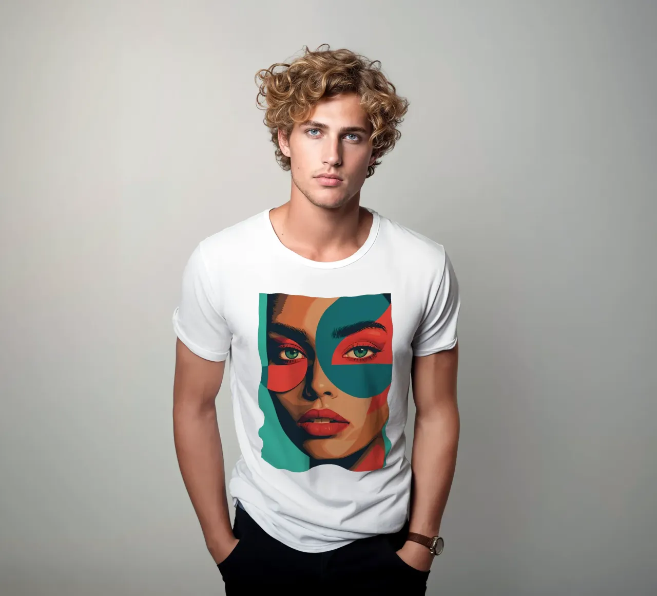Ritratto di donna con forme geometriche e colori vivaci t-shirt da DesignDoodle
