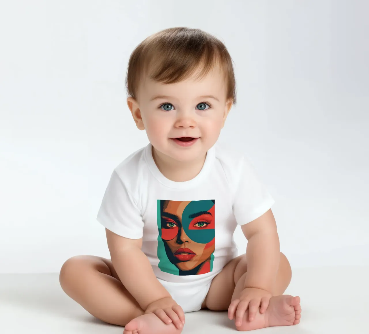 Ritratto di donna con forme geometriche e colori vivaci body neonato maniche corte da DesignDoodle