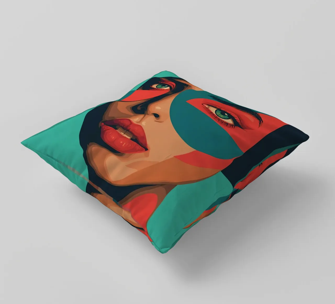 Ritratto di donna con forme geometriche e colori vivaci cuscino da DesignDoodle