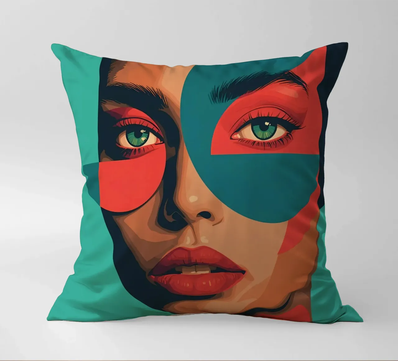 Ritratto di donna con forme geometriche e colori vivaci cuscino da DesignDoodle