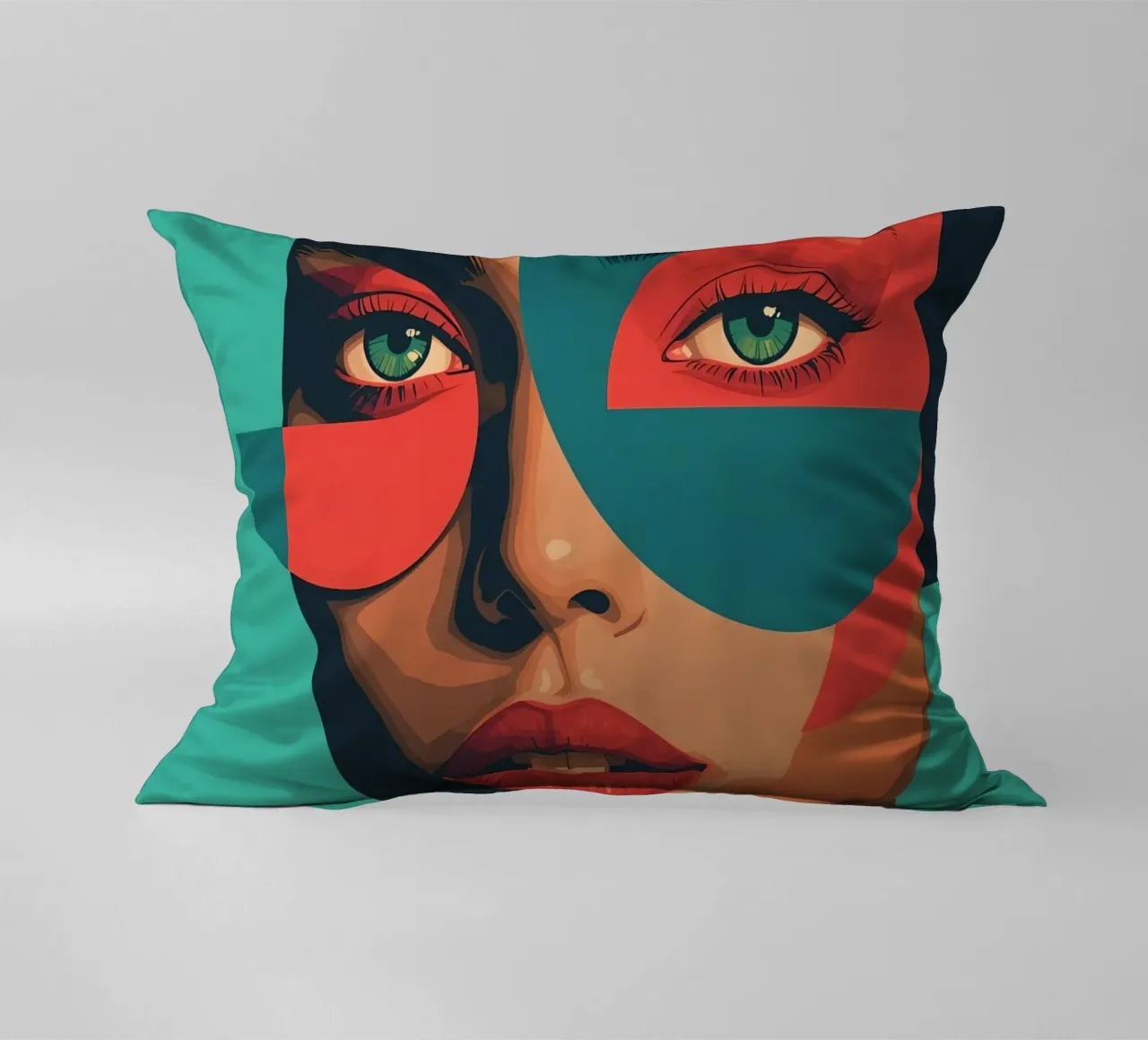 Ritratto di donna con forme geometriche e colori vivaci cuscino da DesignDoodle