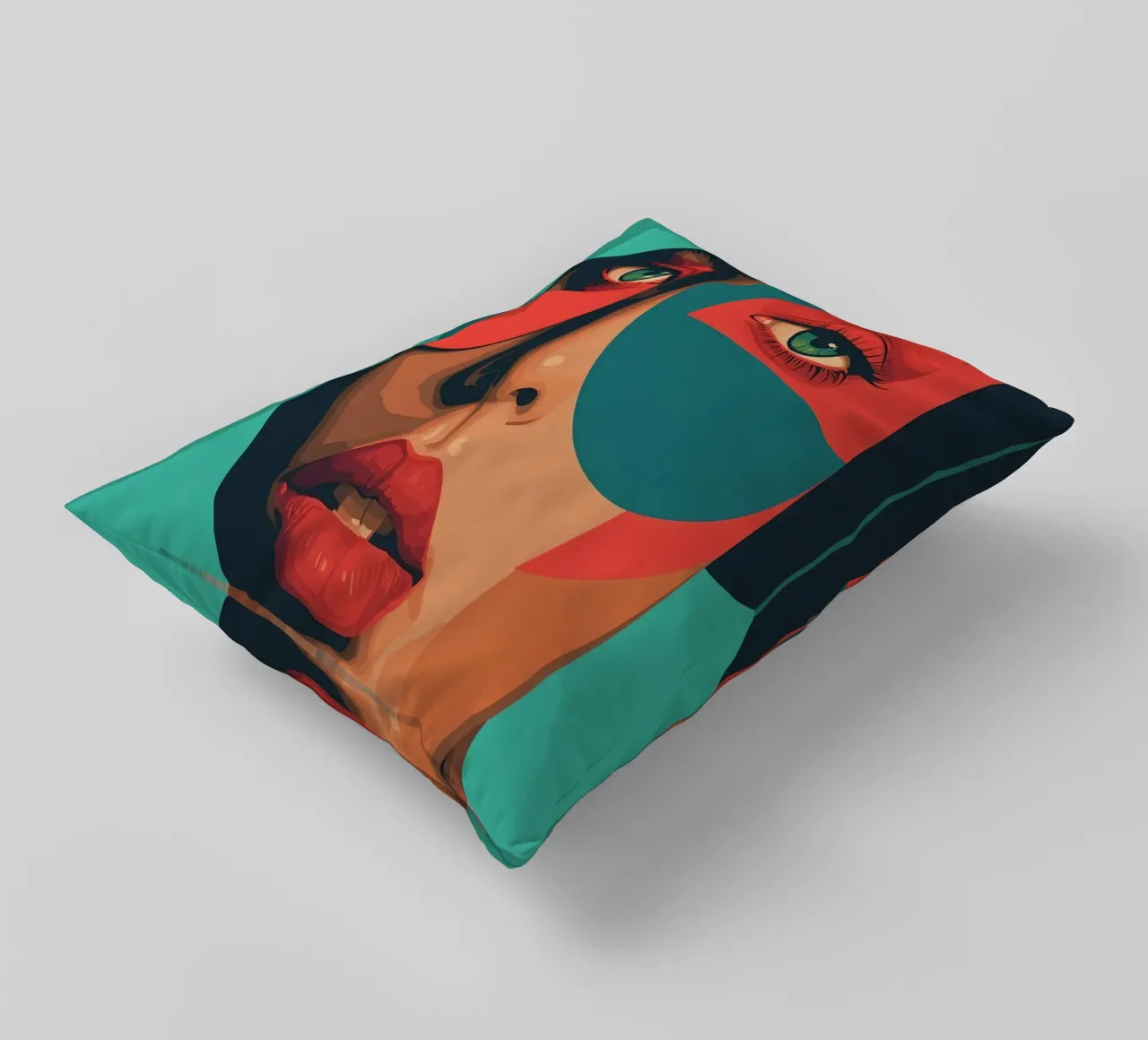 Ritratto di donna con forme geometriche e colori vivaci cuscino da DesignDoodle