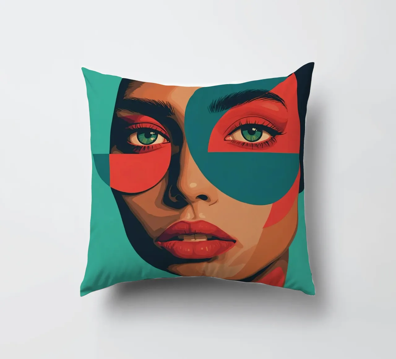 Ritratto di donna con forme geometriche e colori vivaci cuscino da DesignDoodle
