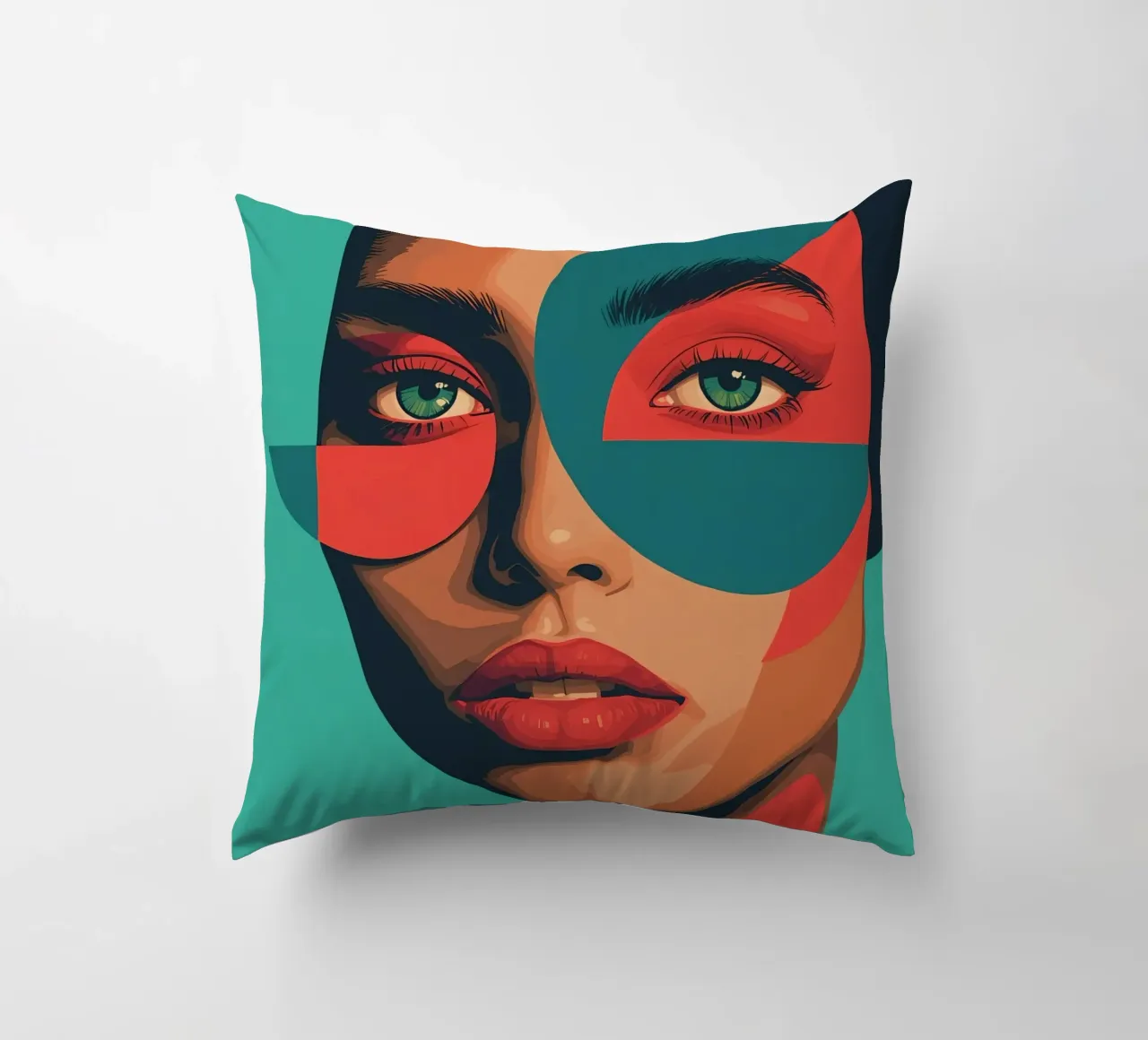 Ritratto di donna con forme geometriche e colori vivaci cuscino da DesignDoodle