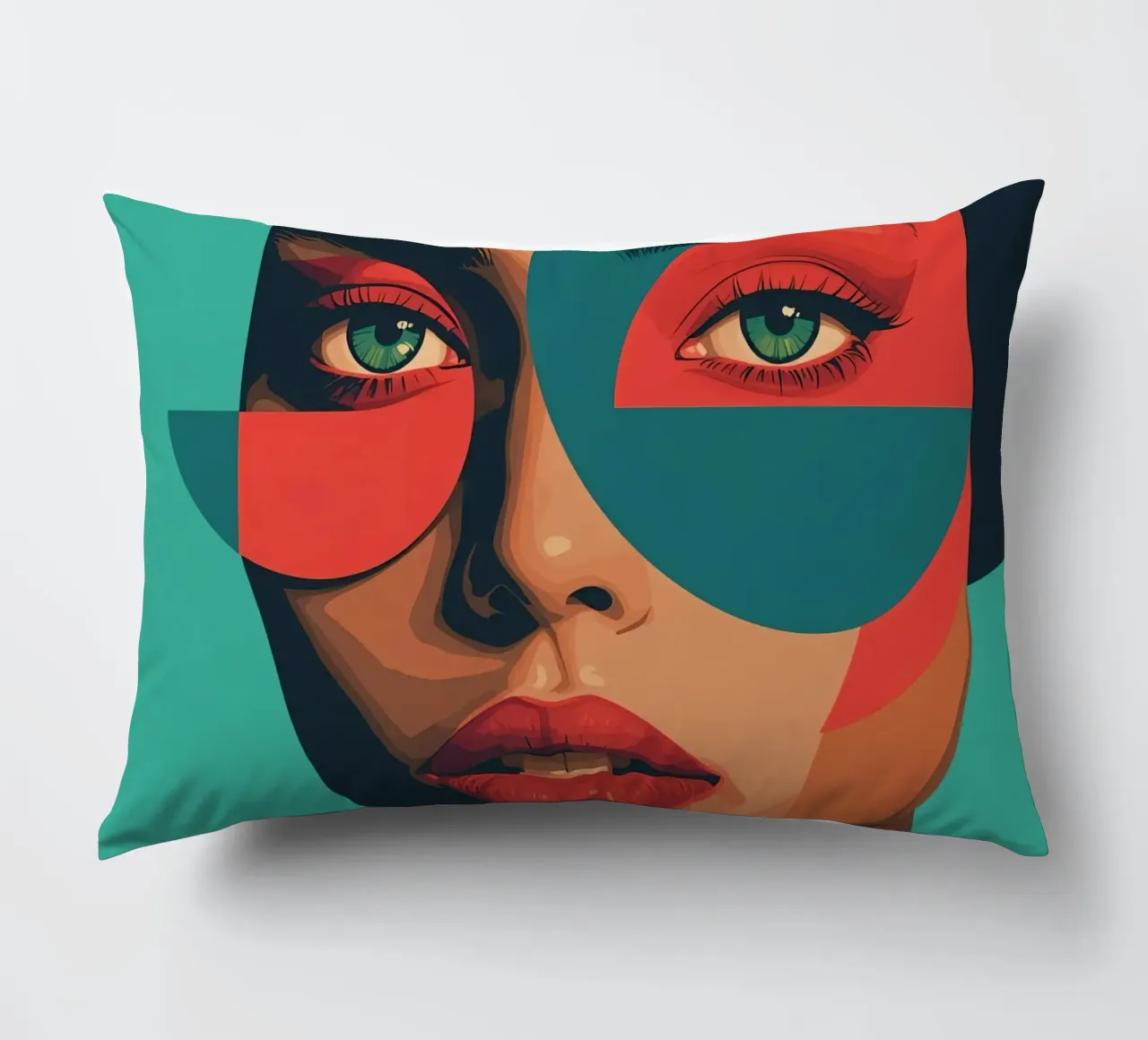 Ritratto di donna con forme geometriche e colori vivaci cuscino da DesignDoodle