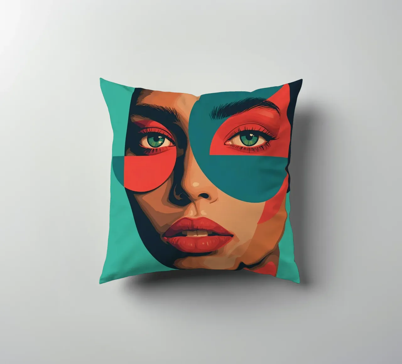 Ritratto di donna con forme geometriche e colori vivaci cuscino da DesignDoodle
